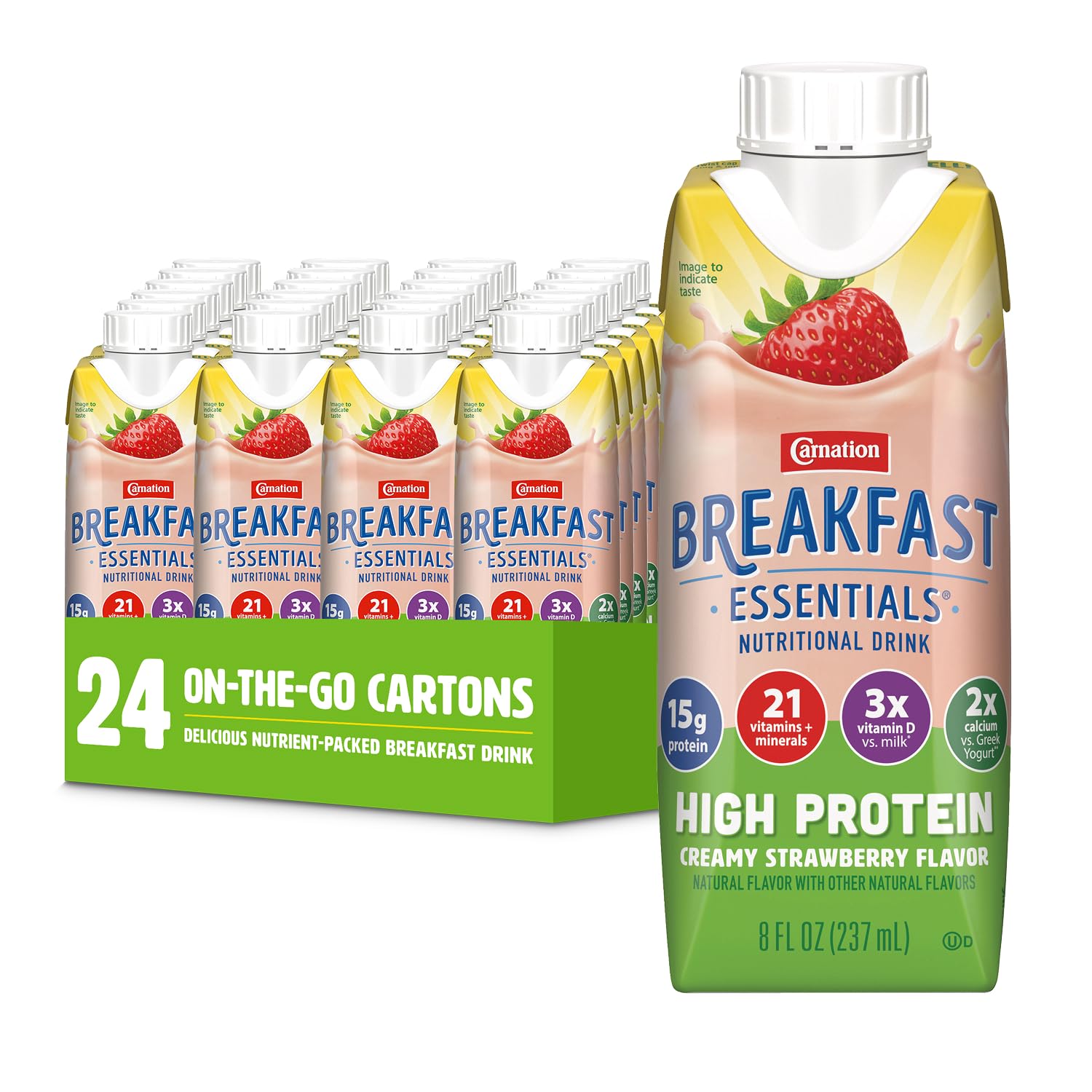 Carnation Breakfast Essentials High Protein bottle-pour shows creamy strawberry protein boost.