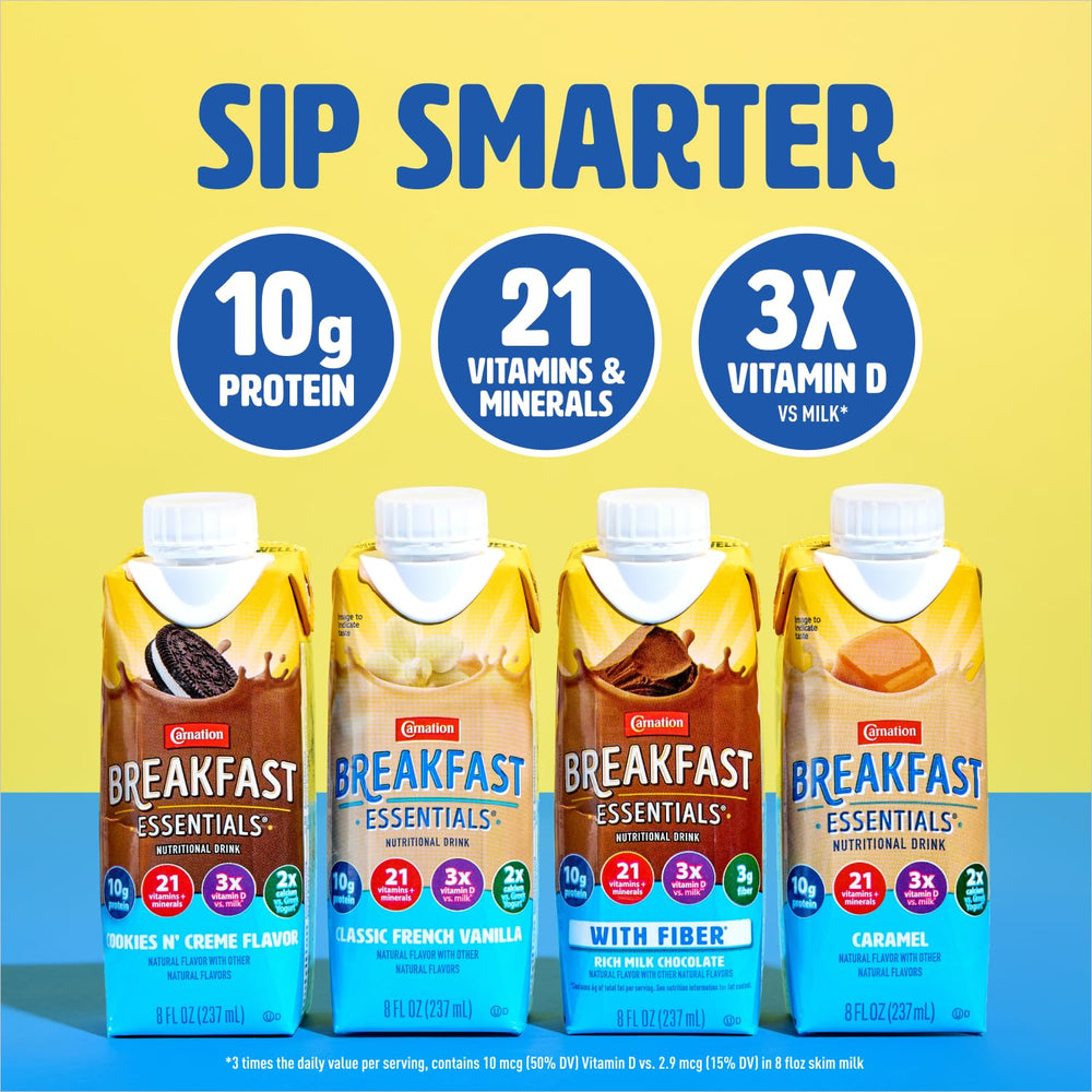 Close-up of Carnation Breakfast Essentials label showing protein and vitamins.