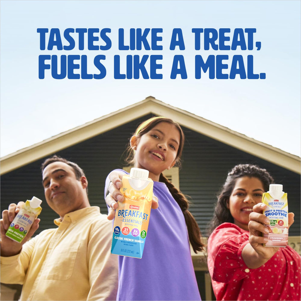 Carnation Breakfast Essentials mixed with milk in a glass for a balanced breakfast