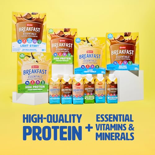 Carnation Breakfast Essentials label highlights 21 vitamins and minerals per serving.