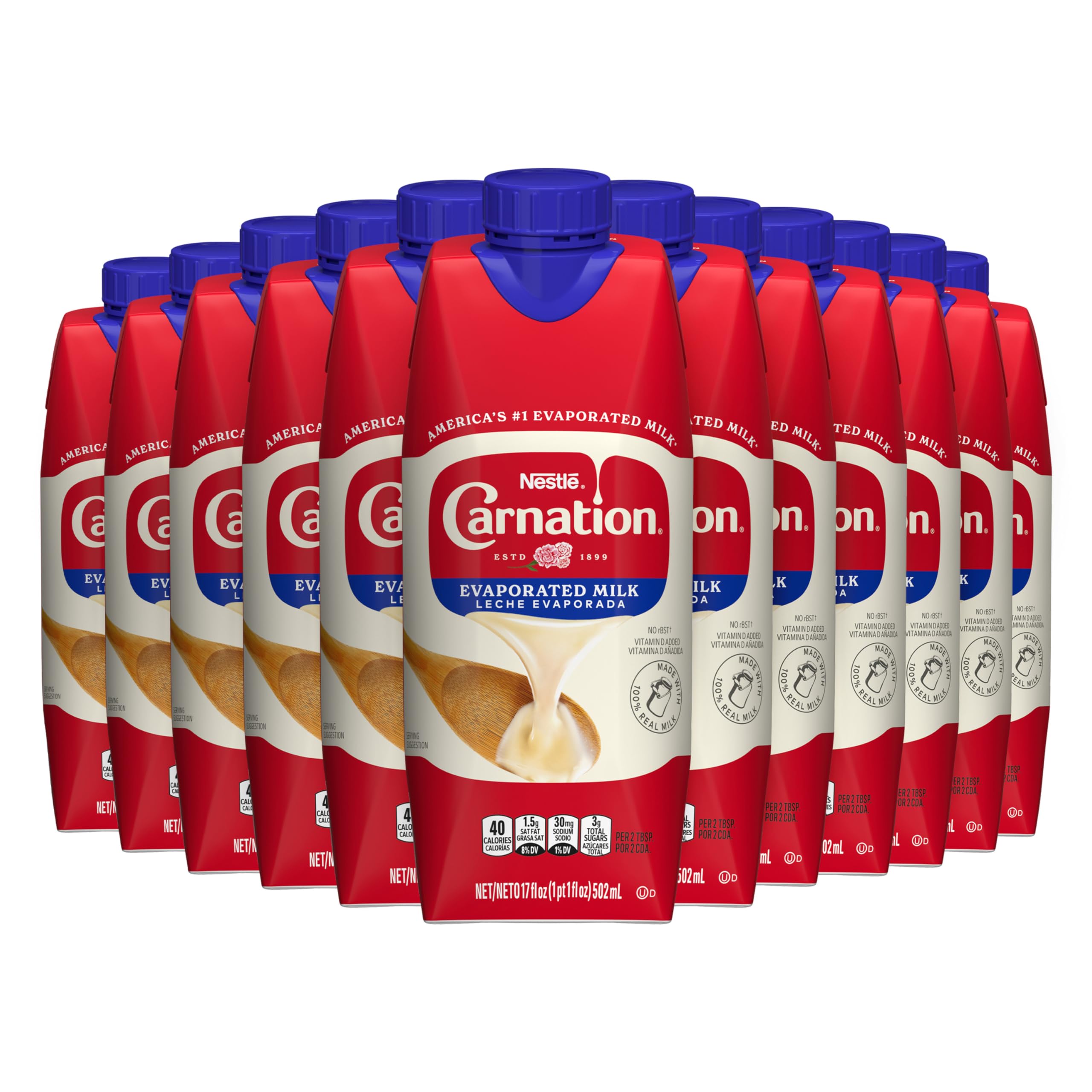 Carnation Evaporated Milk carton in resealable packaging for easy pantry storage.