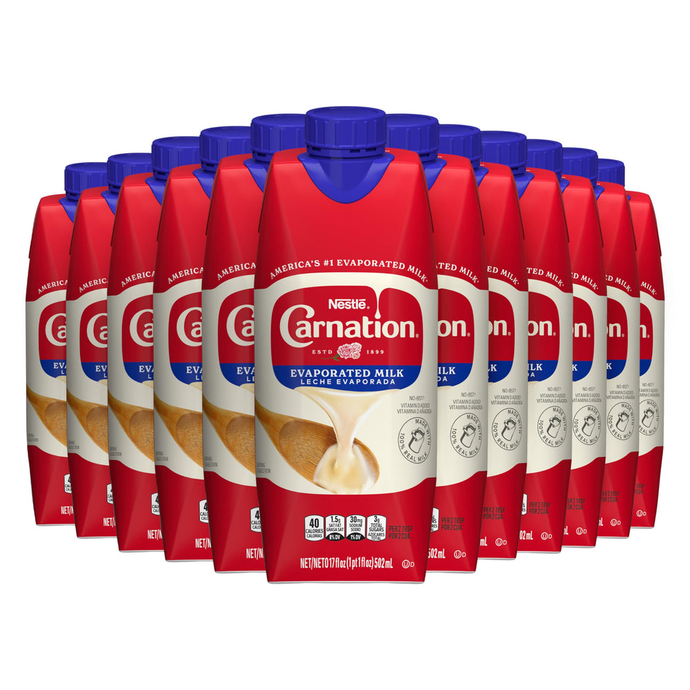 Carnation Evaporated Milk carton in resealable packaging for easy pantry storage.