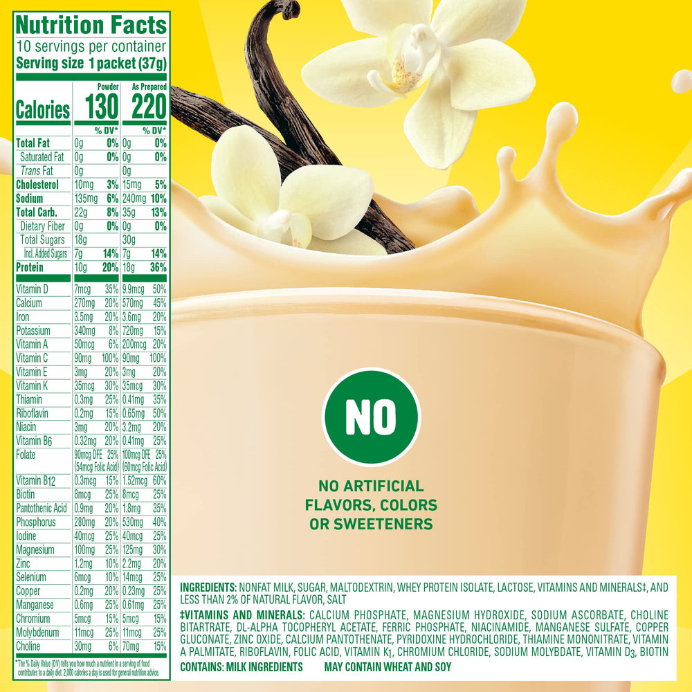 Pouring Carnation High Protein powder into skim milk for a shake