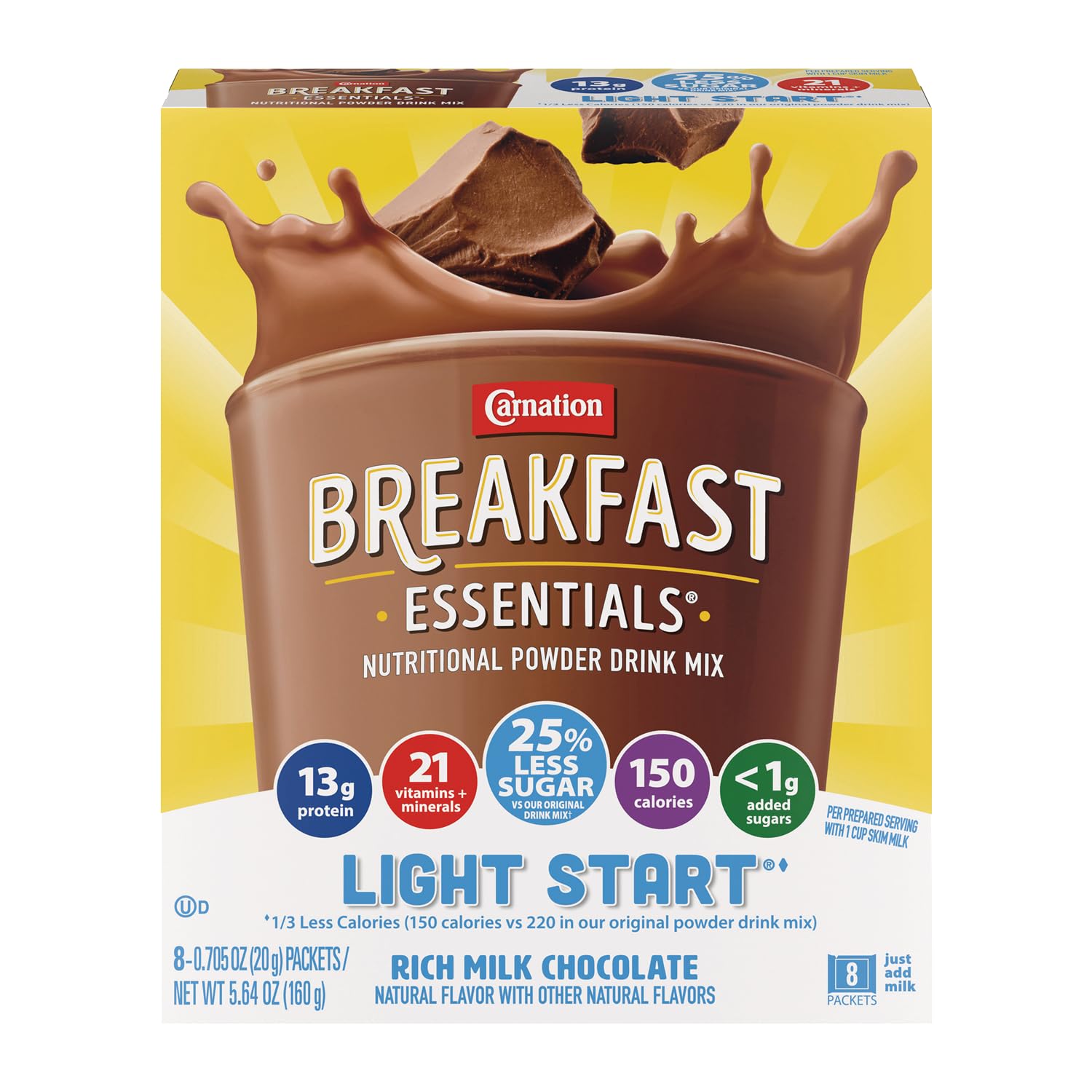 Carnation Breakfast Essentials Light Start front view of rich milk chocolate powder