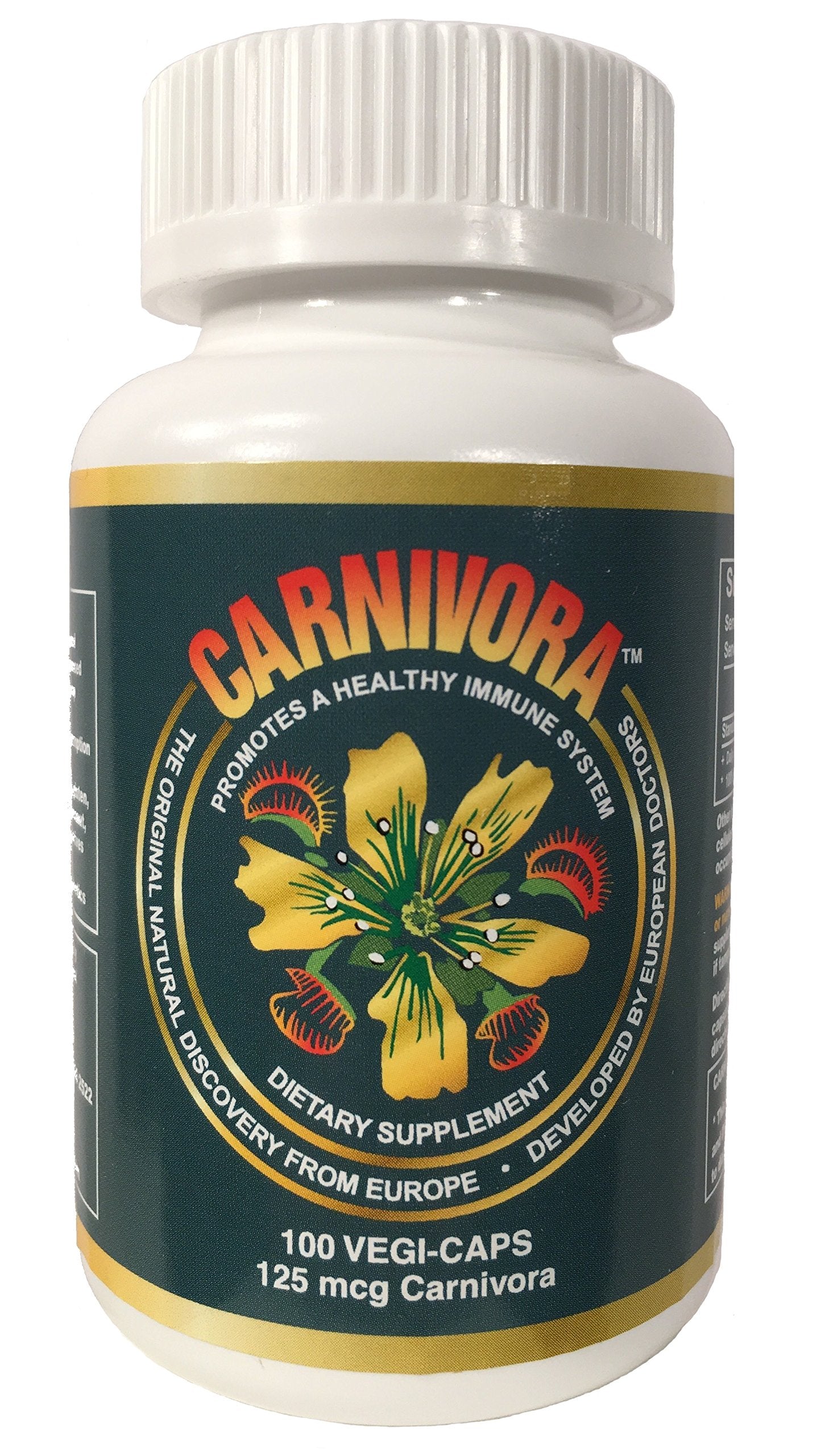 Carnivora Vegi-Caps bottle front shows vegan immune support in gluten-free capsules