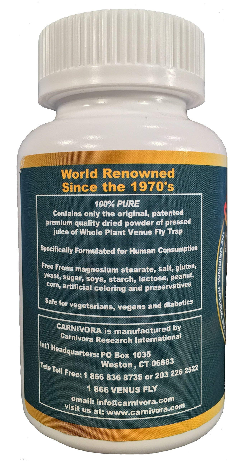 Ingredients label reveals 17 plant-derived nutrients in Carnivora Vegi-Caps