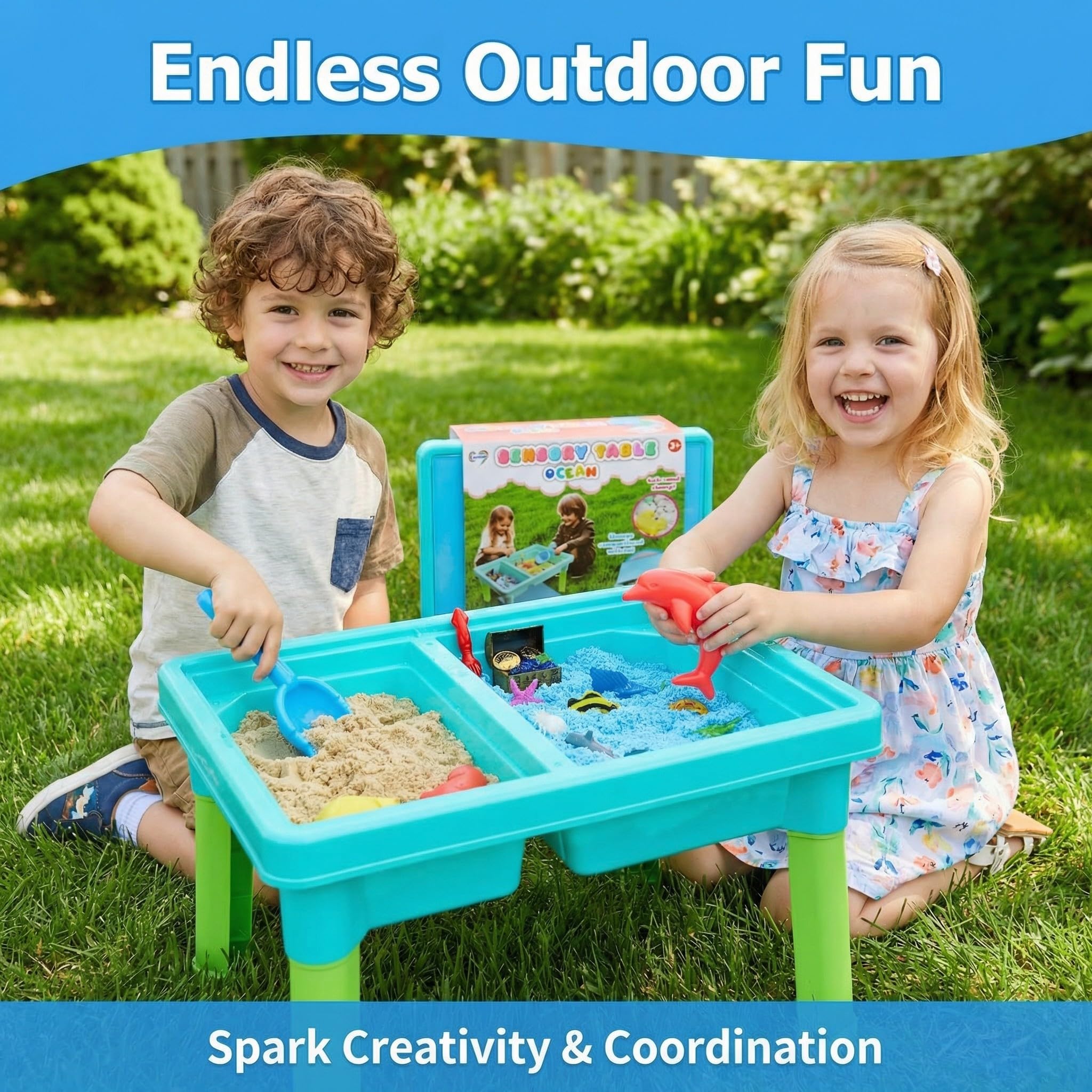 Ocean animals, coins, and gems animate a pretend sea scene at Carolart table