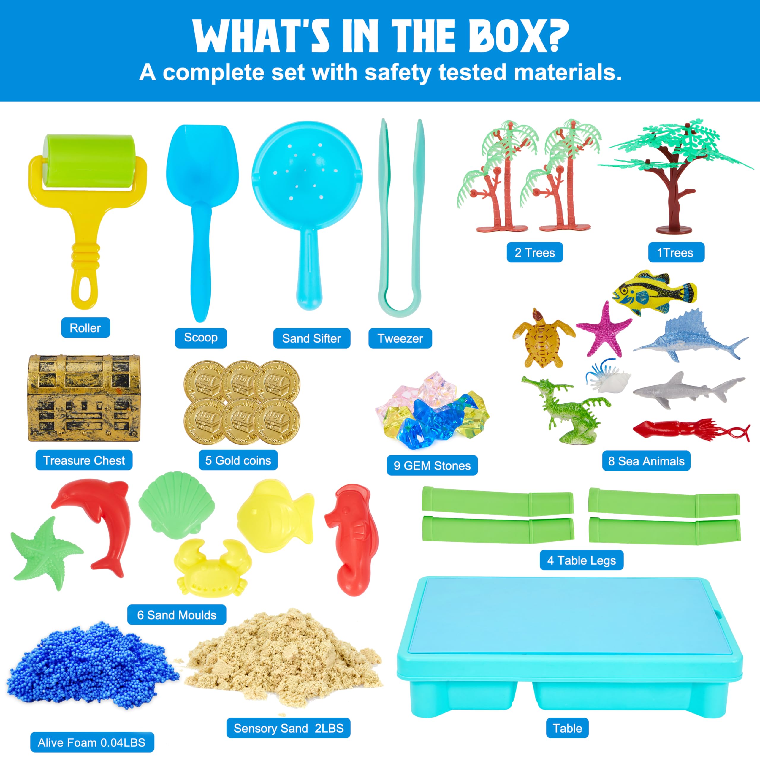 Table show includes sea molds, treasure chest, and shimmering gems