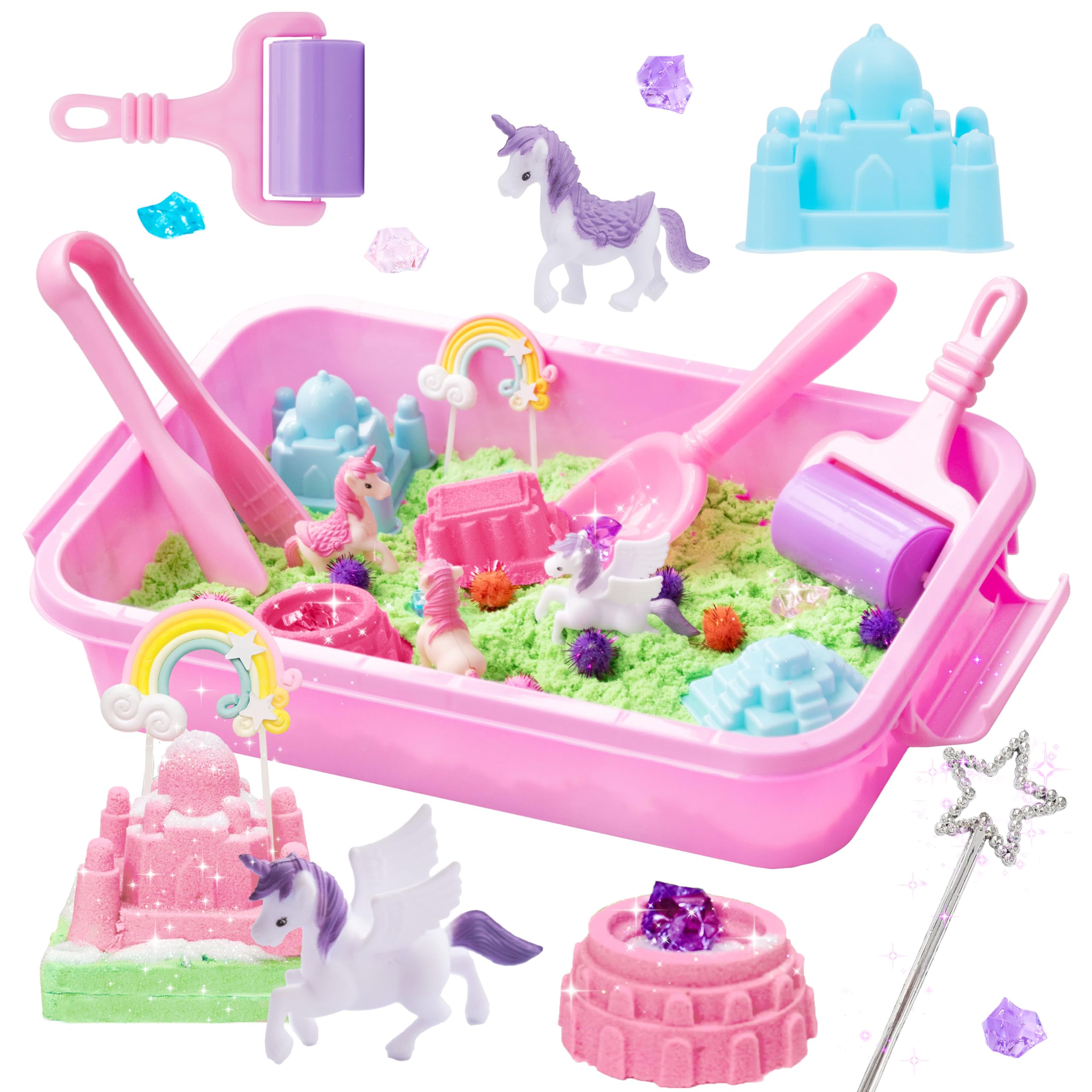 Carolart Unicorn sensory bin with colorful sand invites imaginative play