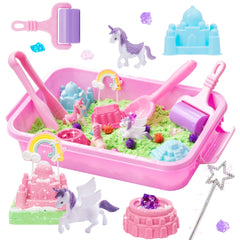 Carolart Unicorn sensory bin with colorful sand invites imaginative play