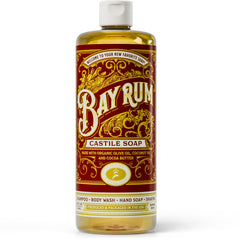 Carolina Castile Soap Bay Rum bottle shows organic formula for gentle cleansing of skin and hair