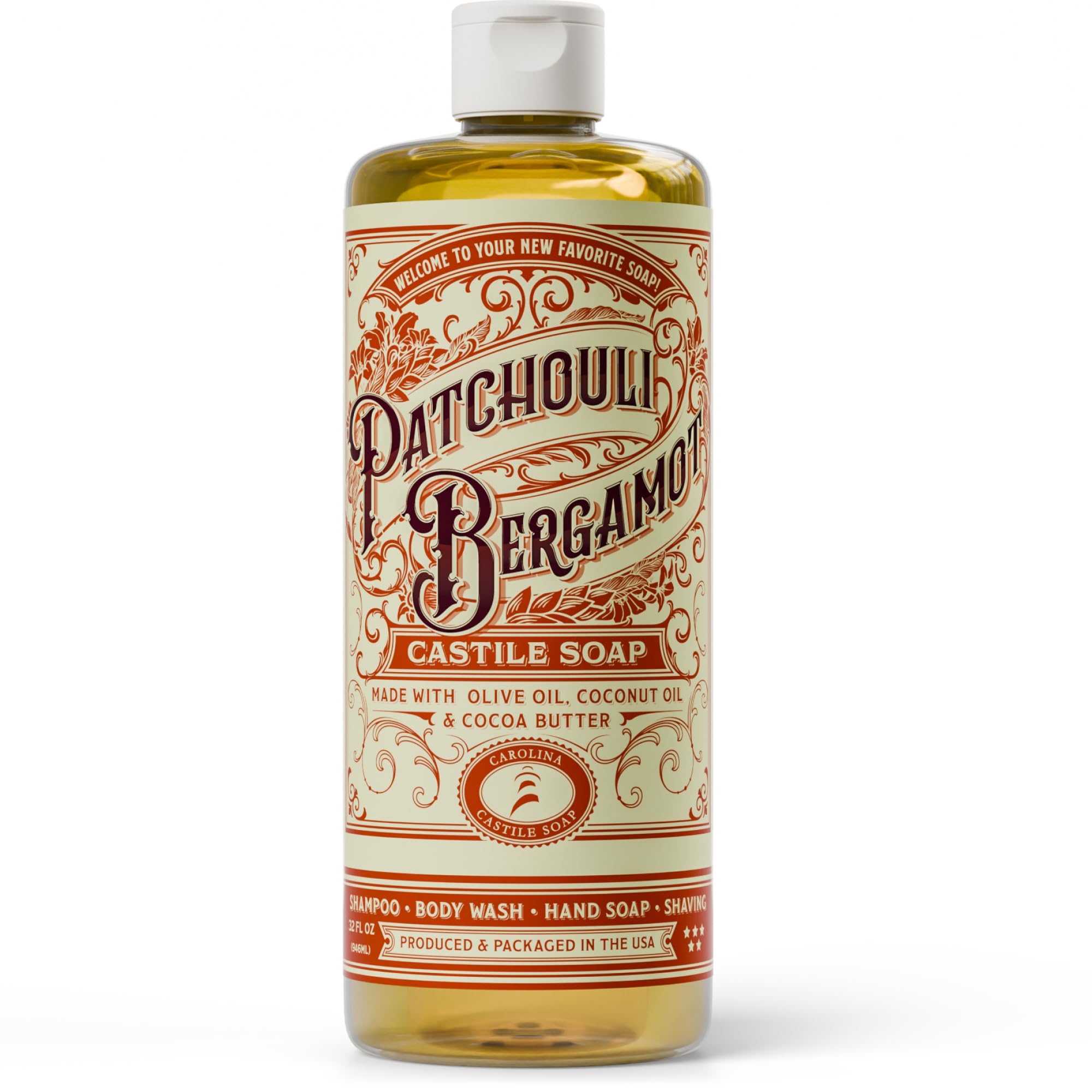 Carolina Castile Soap Patchouli Bergamot bottle highlights organic olive oil cleansing.