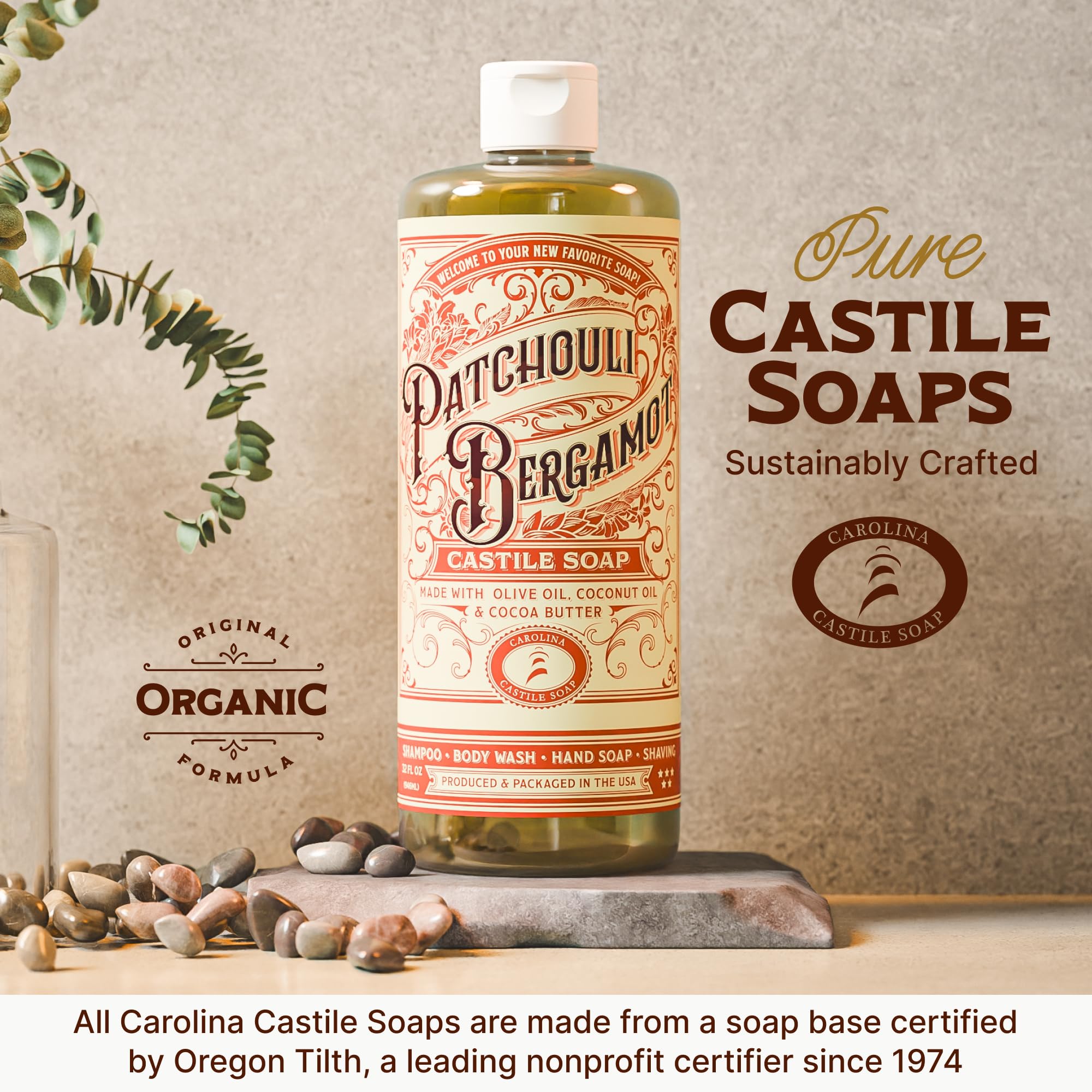 Carolina Castile Soap Patchouli Bergamot packaging underscores USA-made, organic oils, and no synthetic additives.