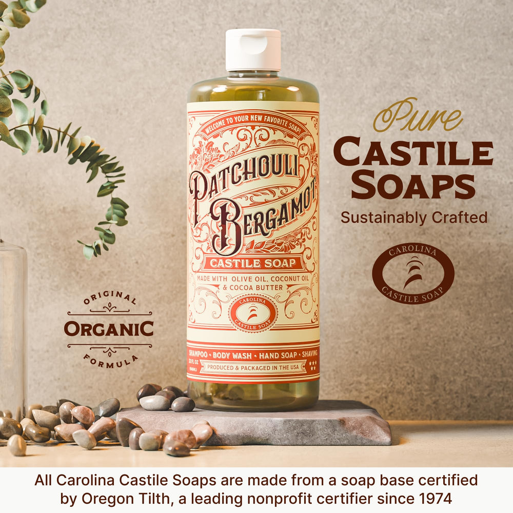 Carolina Castile Soap Patchouli Bergamot packaging underscores USA-made, organic oils, and no synthetic additives.