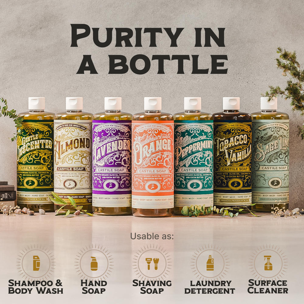 Carolina Castile Tobacco Vanilla shower setup illustrates versatile wash suitable as body wash and shampoo