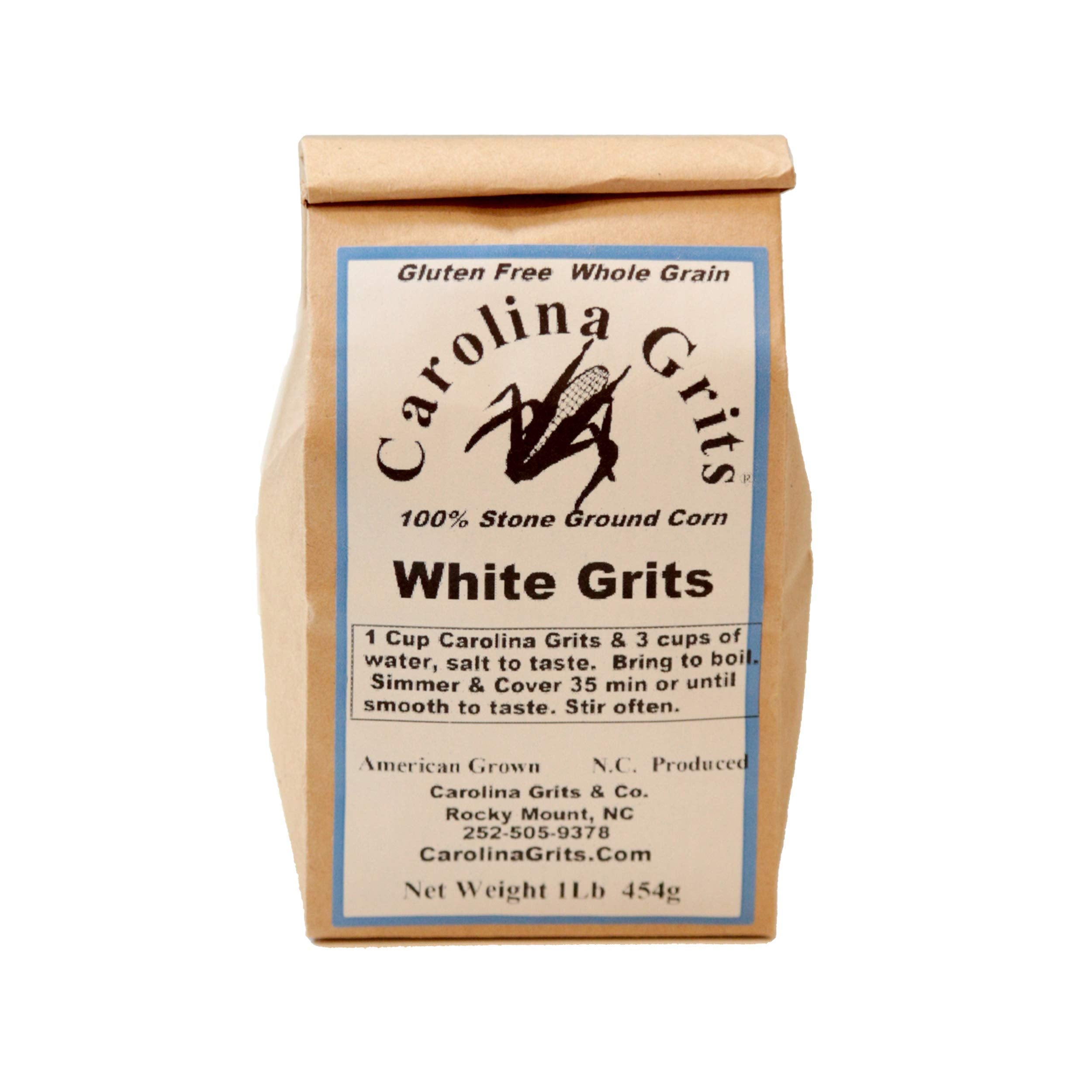 Carolina Grits Company stone-ground white grits in a bag, highlighting whole-grain texture for breakfast.