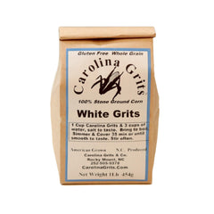 Carolina Grits Company stone-ground white grits in a bag, highlighting whole-grain texture for breakfast.