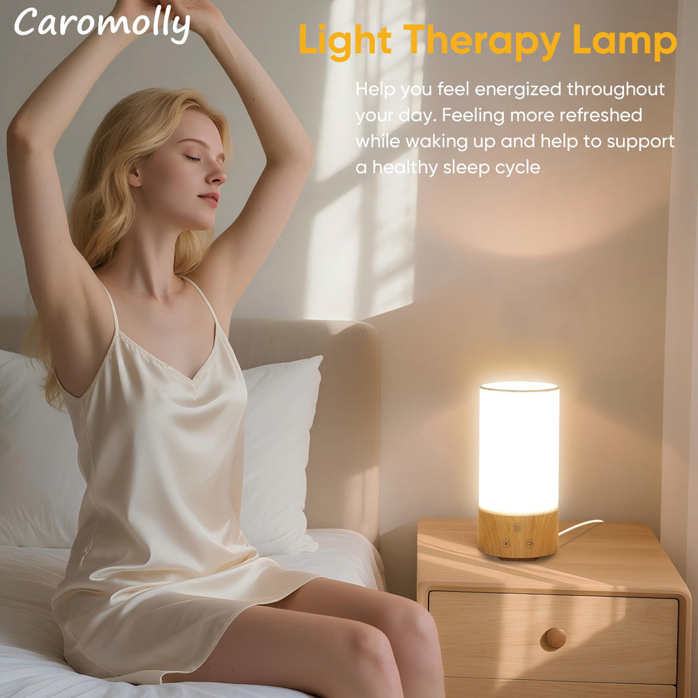 Caromolly lamp showing wood base on a desktop for calm desk lighting