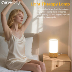 Caromolly lamp showing wood base on a desktop for calm desk lighting