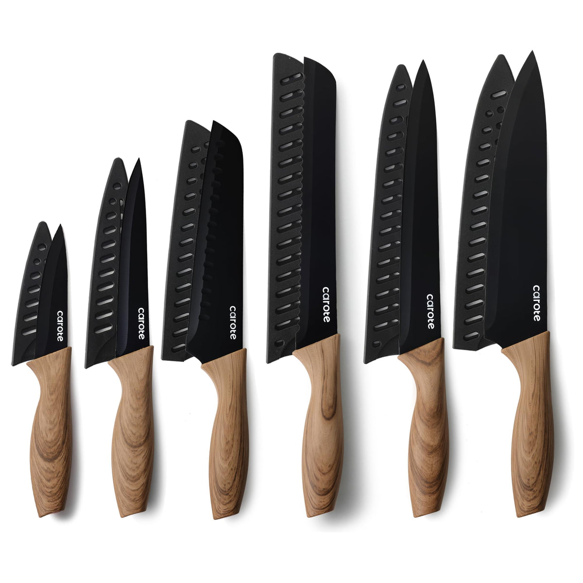 CAROTE 12-piece knife set with razor-sharp blades for precise slicing.