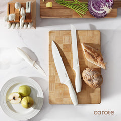 CAROTE bread knife highlights white ceramic-coated blade for effortless slicing.