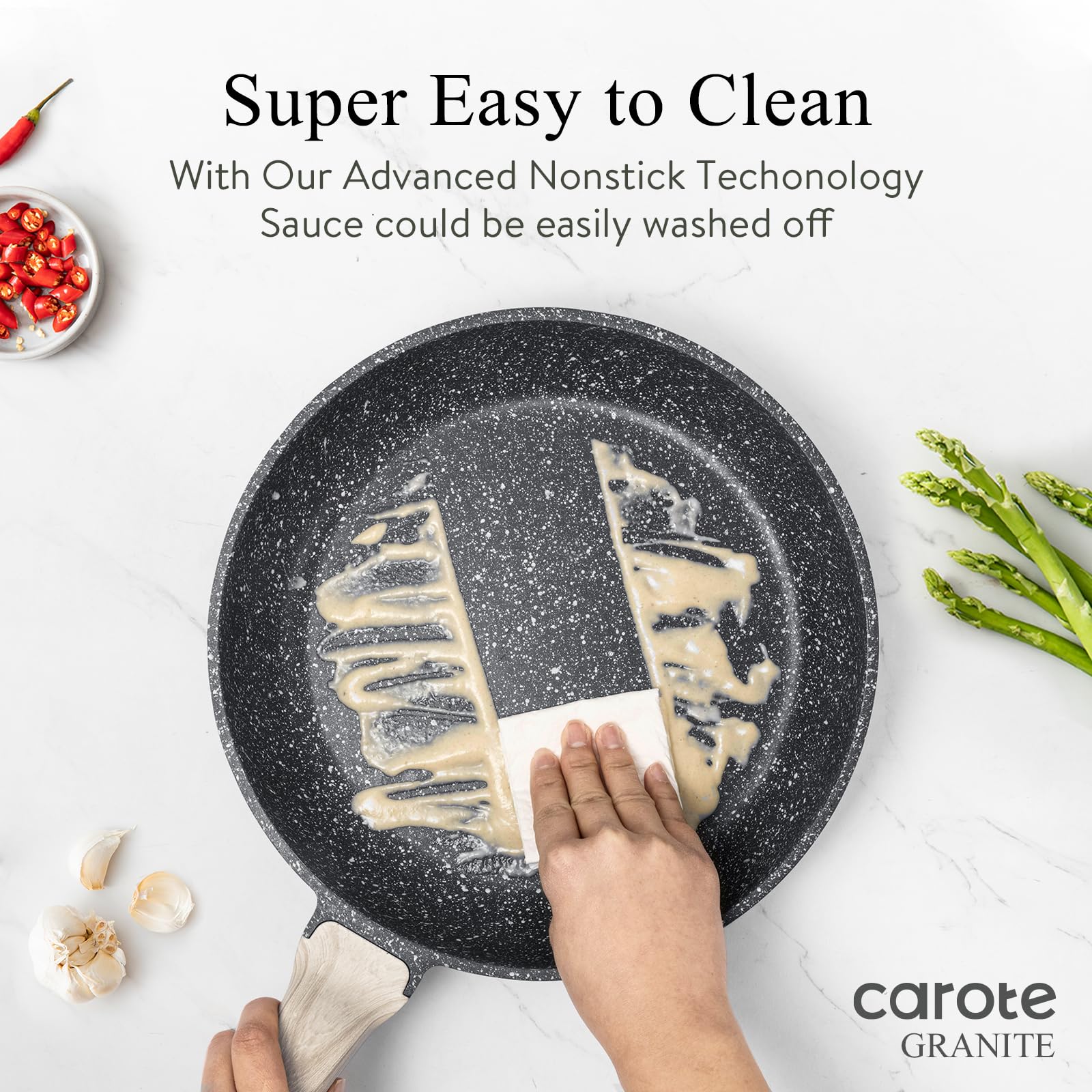 CAROTE granite nonstick pan bakelite handle stays cool during cooking.