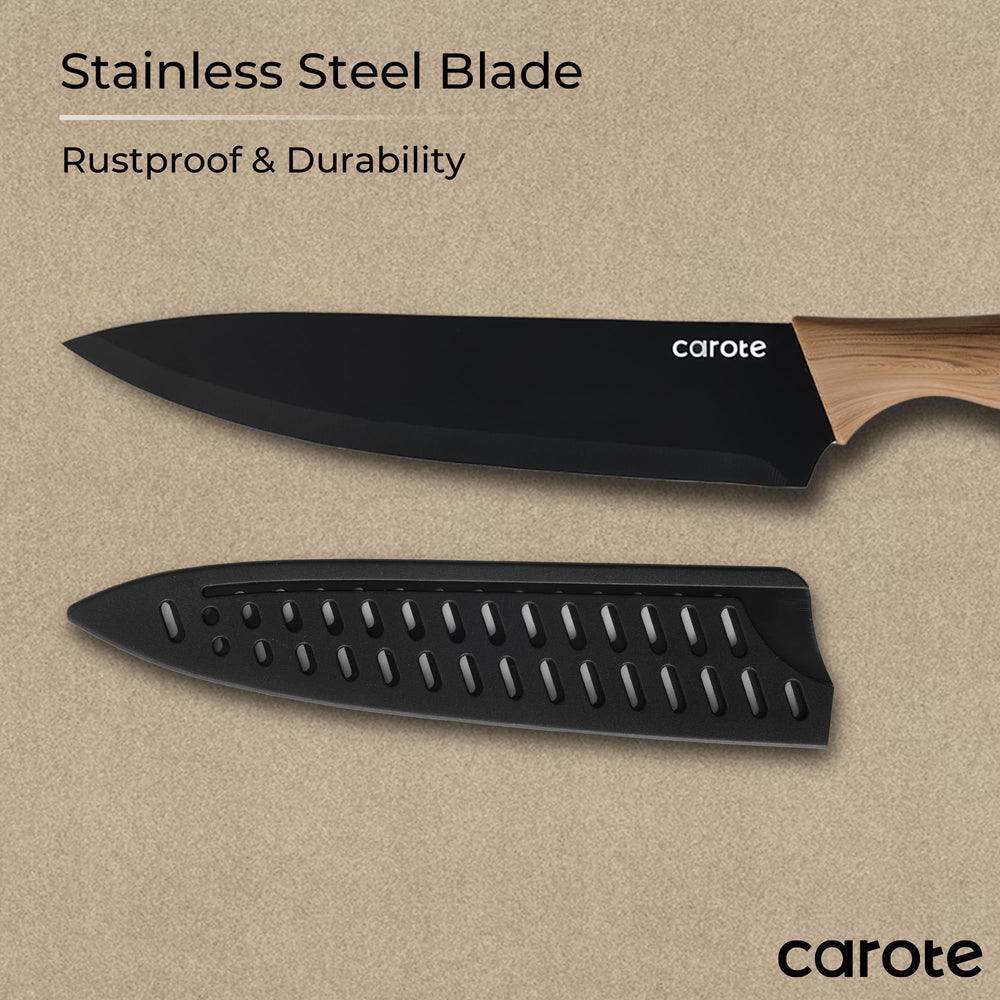 CAROTE blade guards securing safe storage in kitchen cabinets.