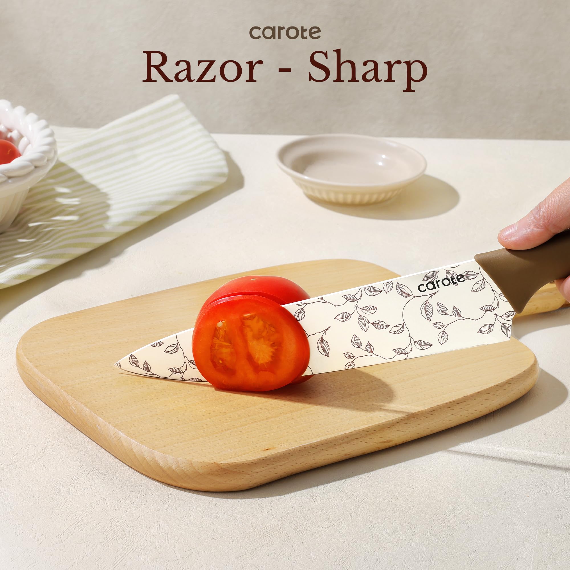 CAROTE knife set nonstick ceramic coating resists stains and corrosion for lasting shine.