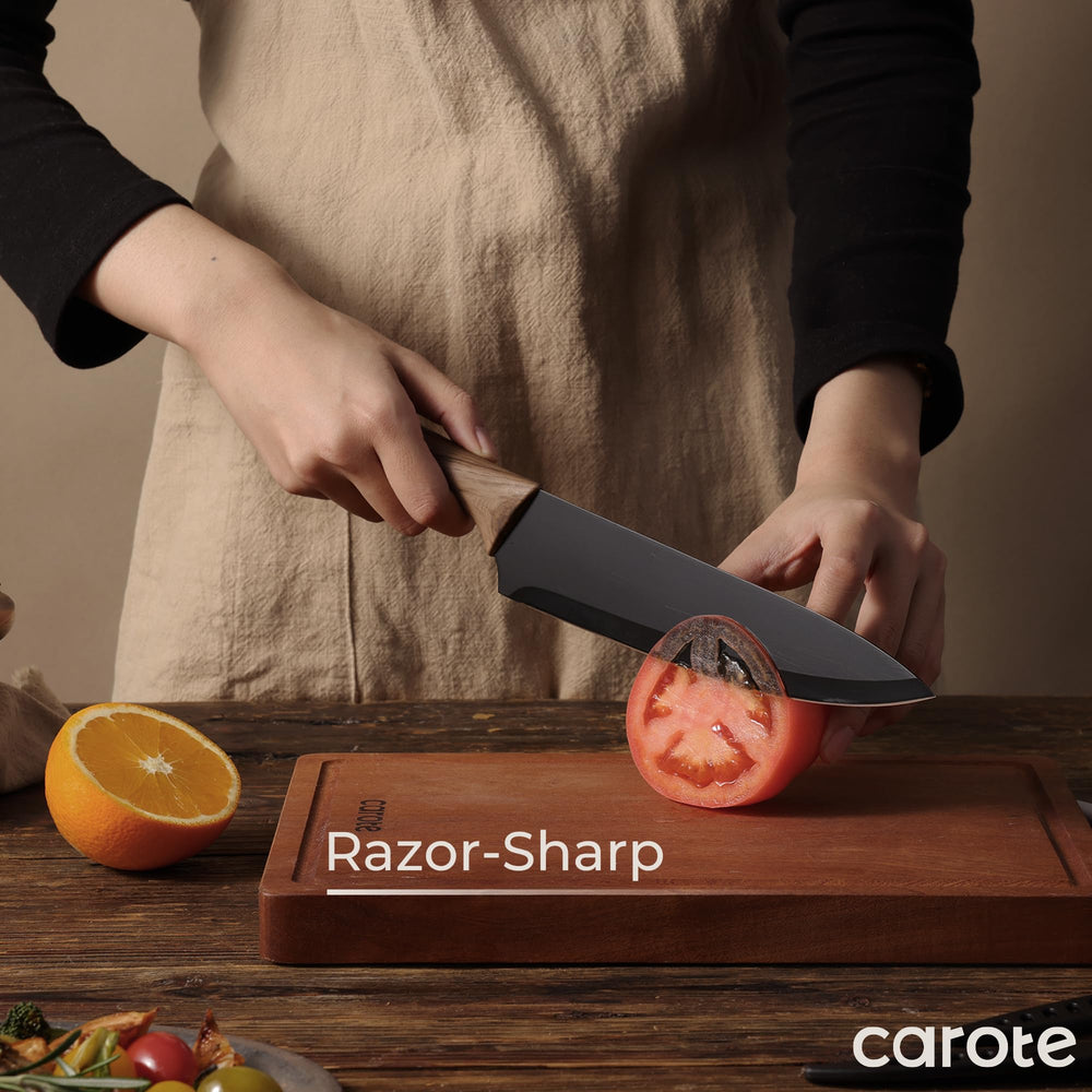 CAROTE knives with nonstick ceramic coating for easy cleanup and release.
