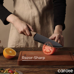 CAROTE knives with nonstick ceramic coating for easy cleanup and release.