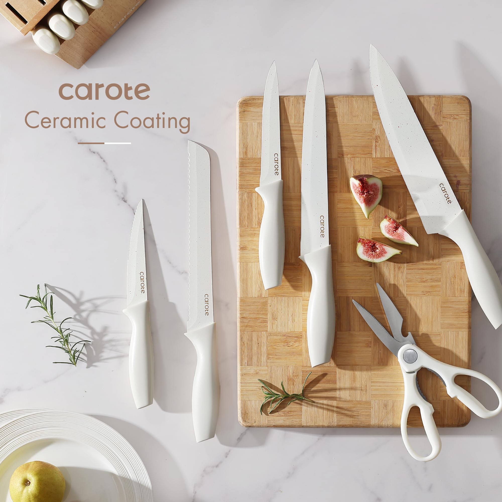 CAROTE santoku knife features white ceramic-coated blade for versatile prep.