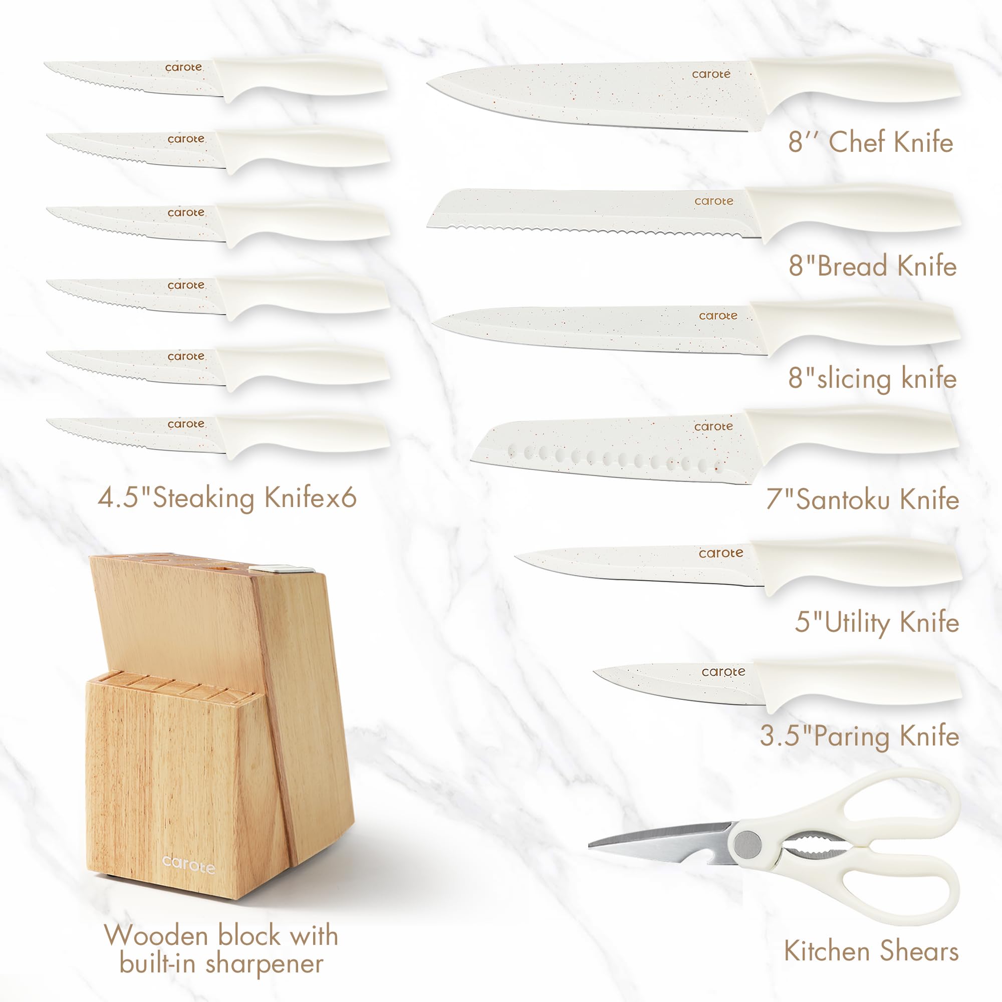 CAROTE wooden block knife storage showcases sturdy kitchen organization.