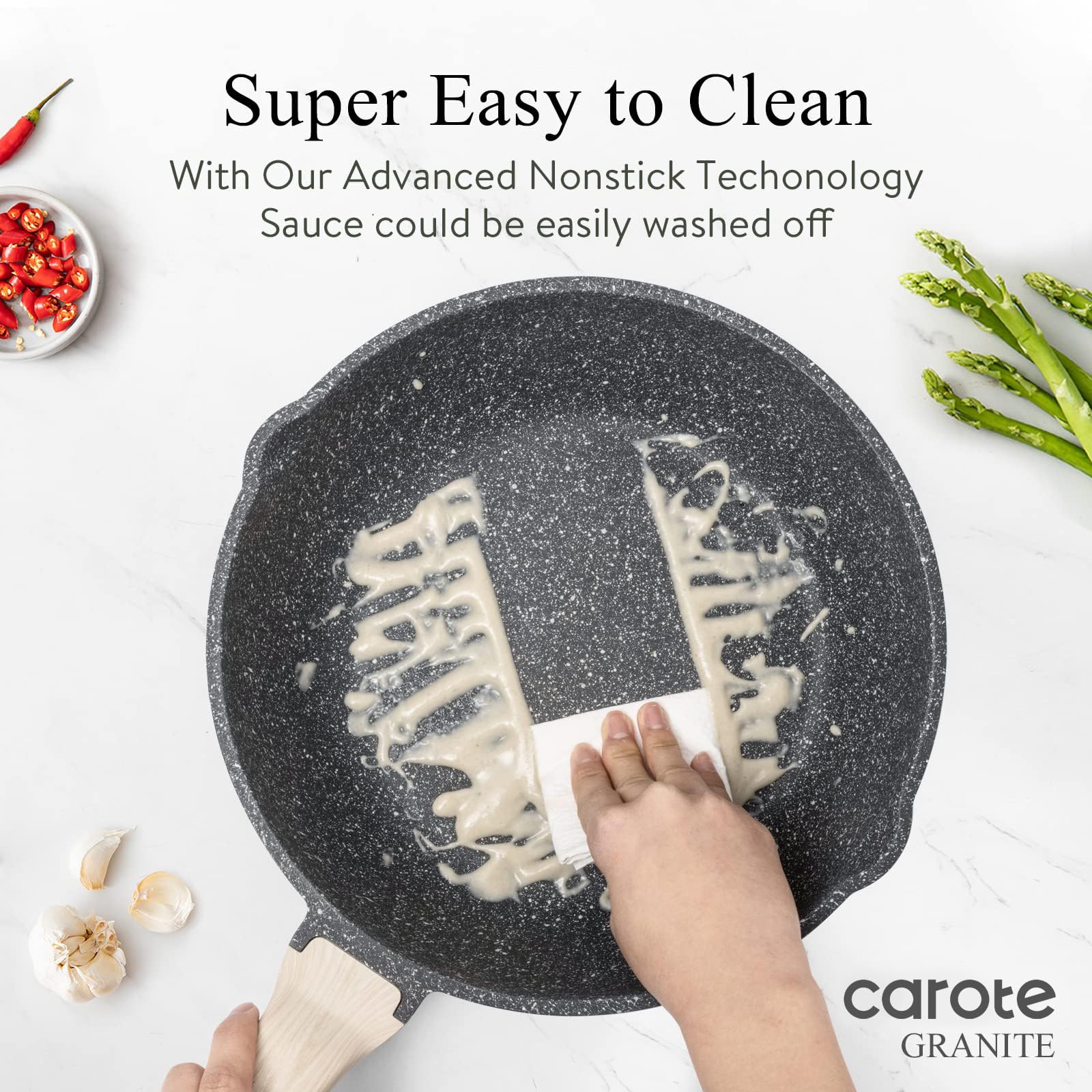 CAROTE wooden handle image indicates cool, comfortable grip during cooking.