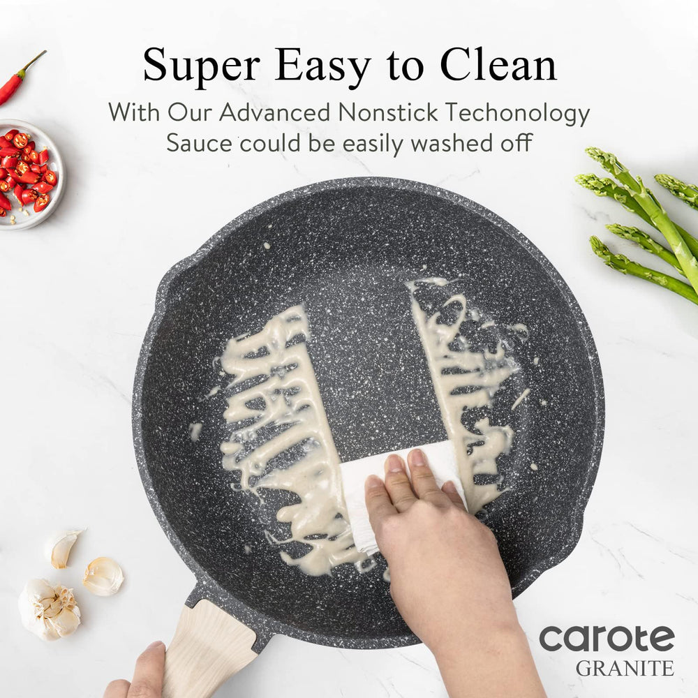 CAROTE wooden handle image indicates cool, comfortable grip during cooking.