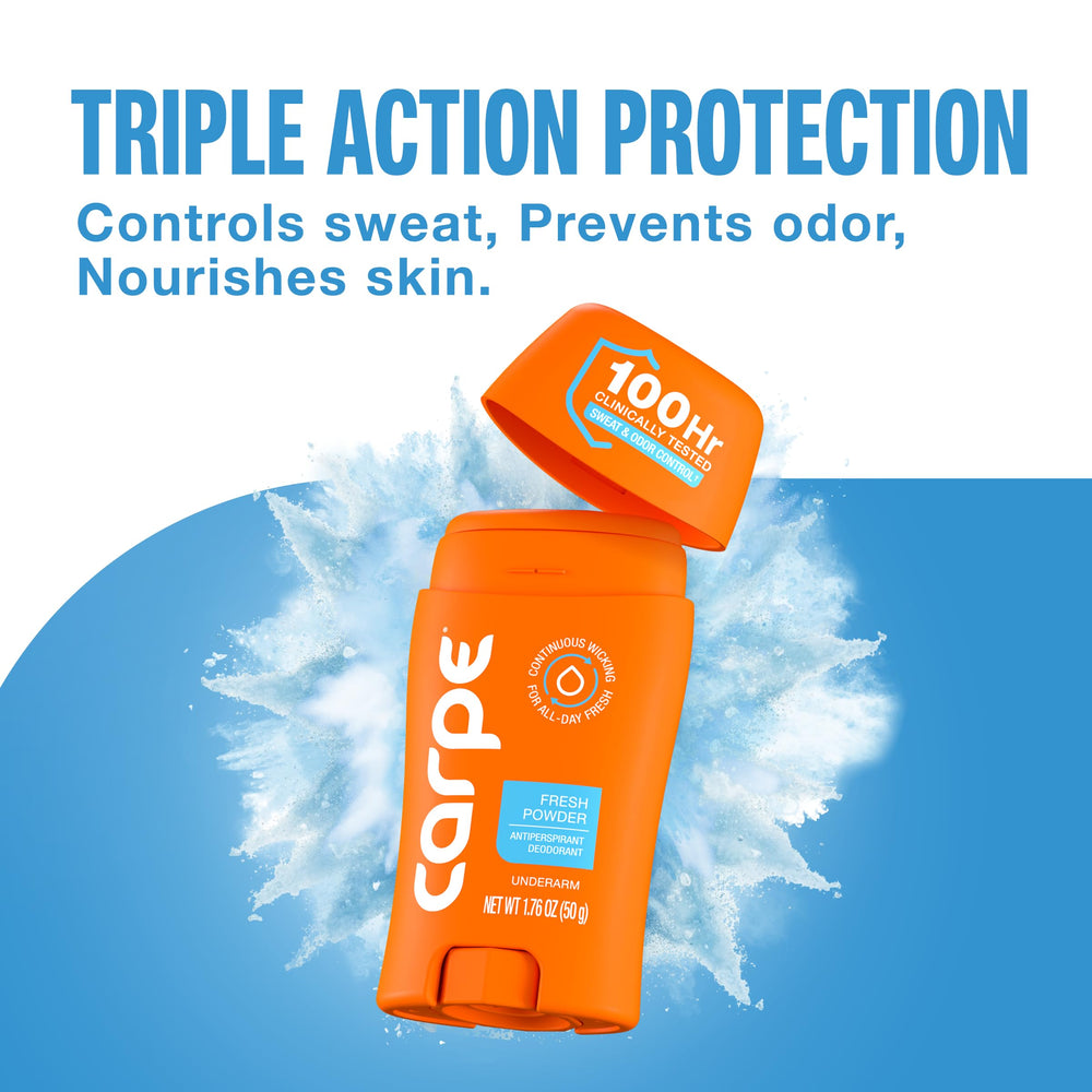 Carpe deodorant being applied reveals non-sticky, fast-drying texture.