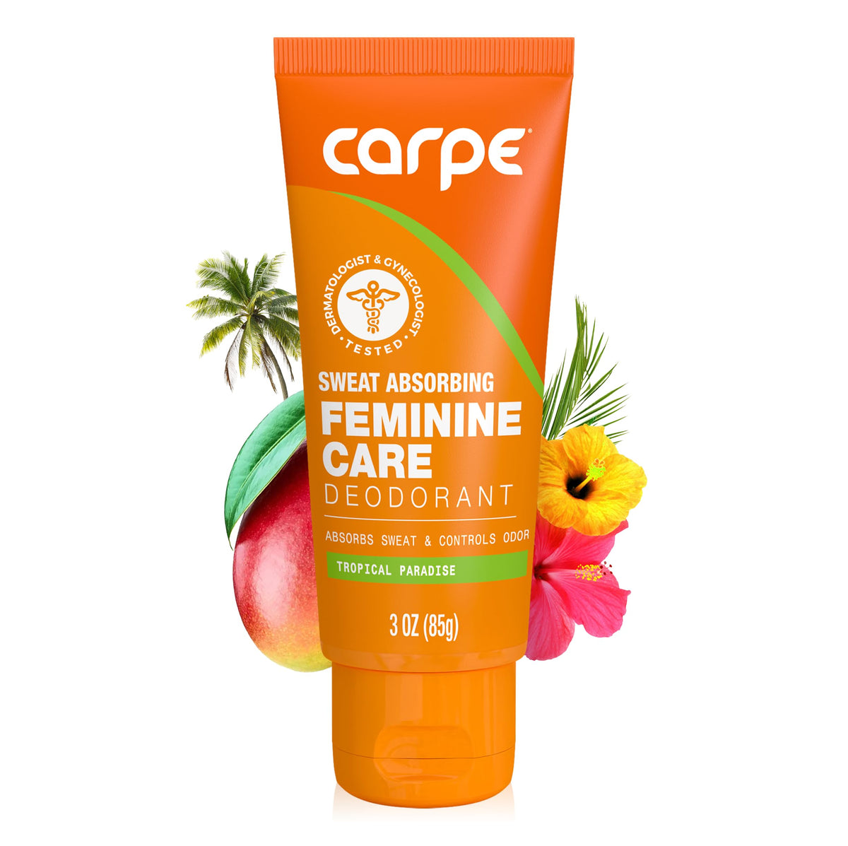 Carpe Feminine Sweatcare packaging with compact 3oz bottle, travel-ready