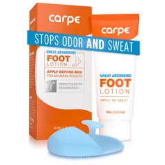 Carpe foot lotion with applicator for precise, mess-free treatment of sweaty feet.