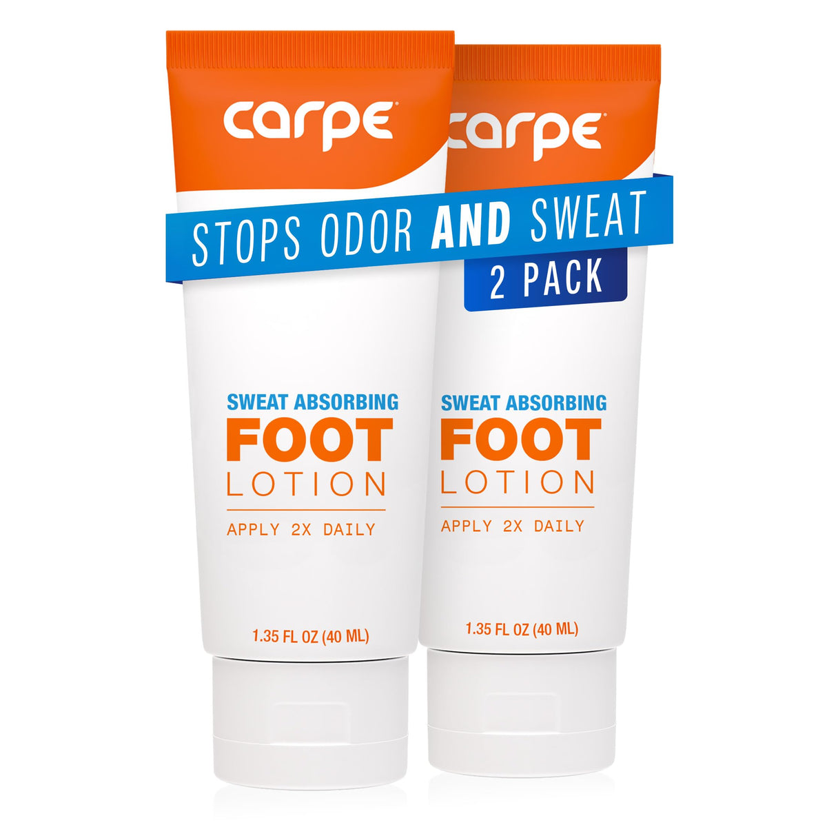 Carpe Sweat Absorbing Foot Lotion bottle front showing quick-dry formula for dry feet.