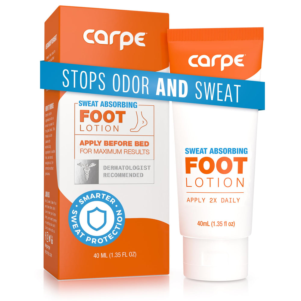 Carpe Sweat Absorbing Foot Lotion bottle shows quick-dry formula for dry feet.