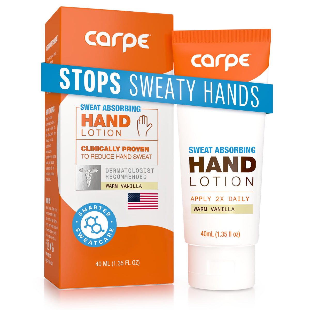 Carpe Sweat Absorbing Hand Lotion bottle demonstrates quick-dry formula for dry hands.