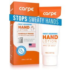 Carpe Sweat Absorbing Hand Lotion bottle shows quick-drying formula for dry hands