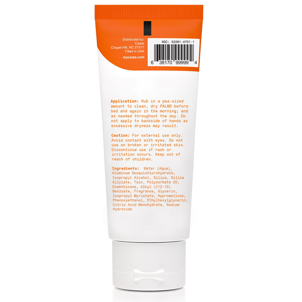 Store shelf features Carpe Sweat Absorbing Hand Lotion prominently displayed.