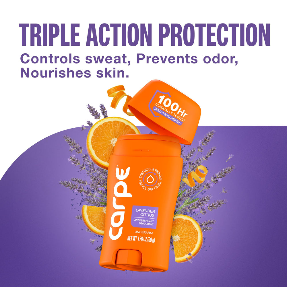 Carpe triple-action protection banner illustrates sweat, odor, and skin care benefits.