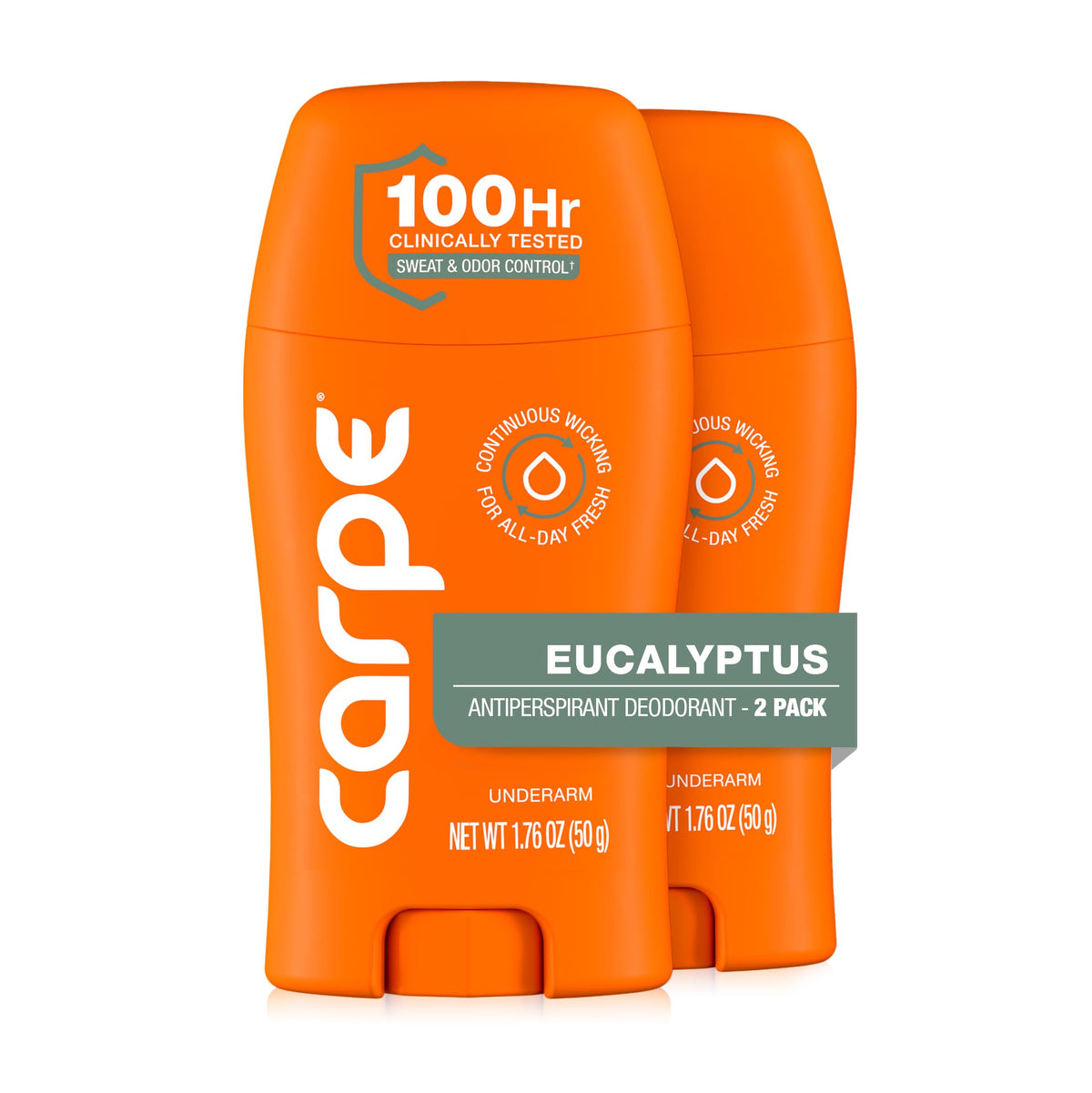 Carpe underarm antiperspirant bottle with eucalyptus aroma for lasting freshness.