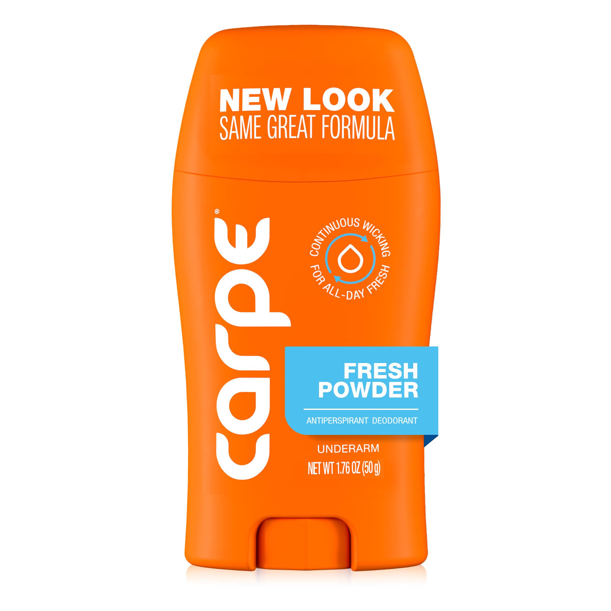 Carpe Fresh Powder bottle shows triple-action protection for daily wear.