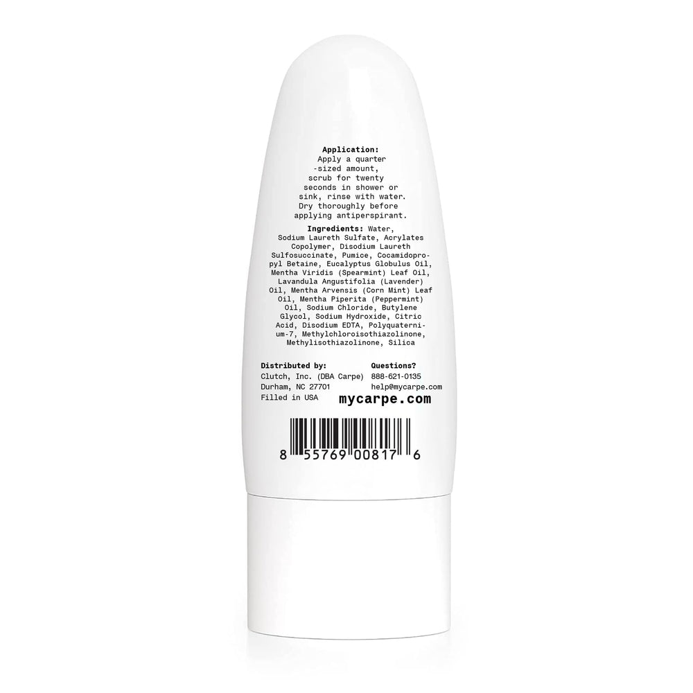 Carpe underarm scrub on shelf display emphasizes brand and ethics