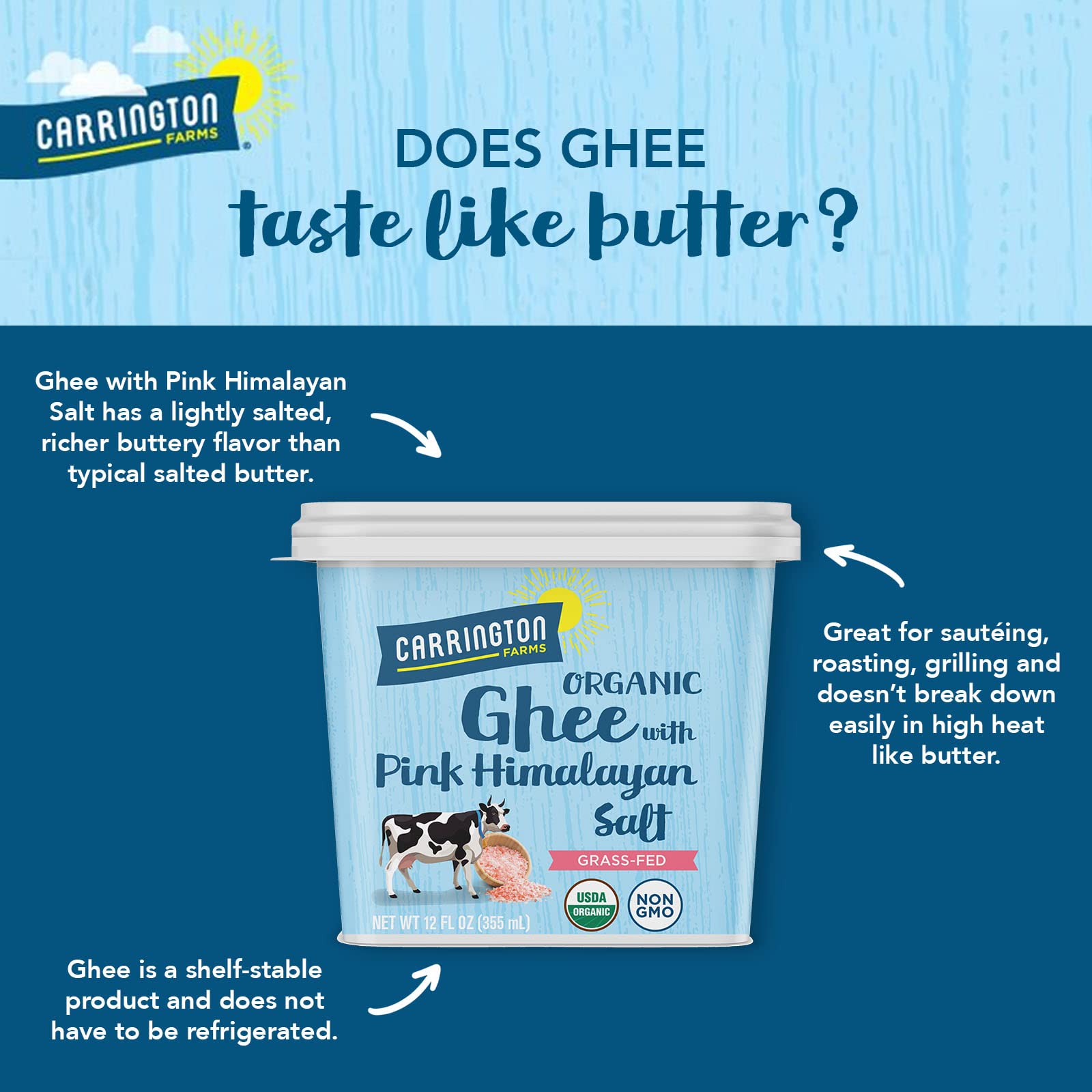 Himalayan salt crystals beside Carrington Farms ghee jar