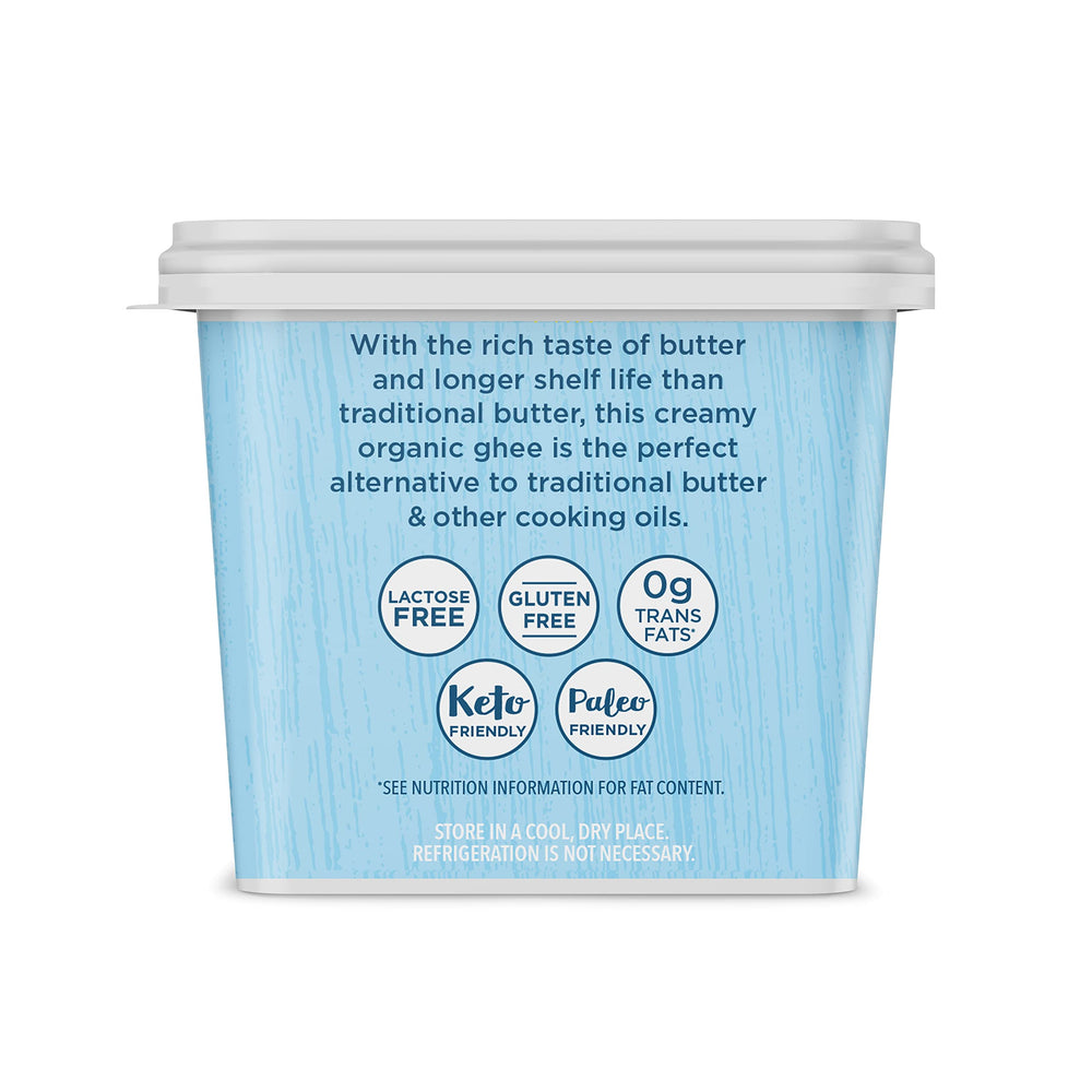 Close-up of Carrington Farms organic label on ghee jar