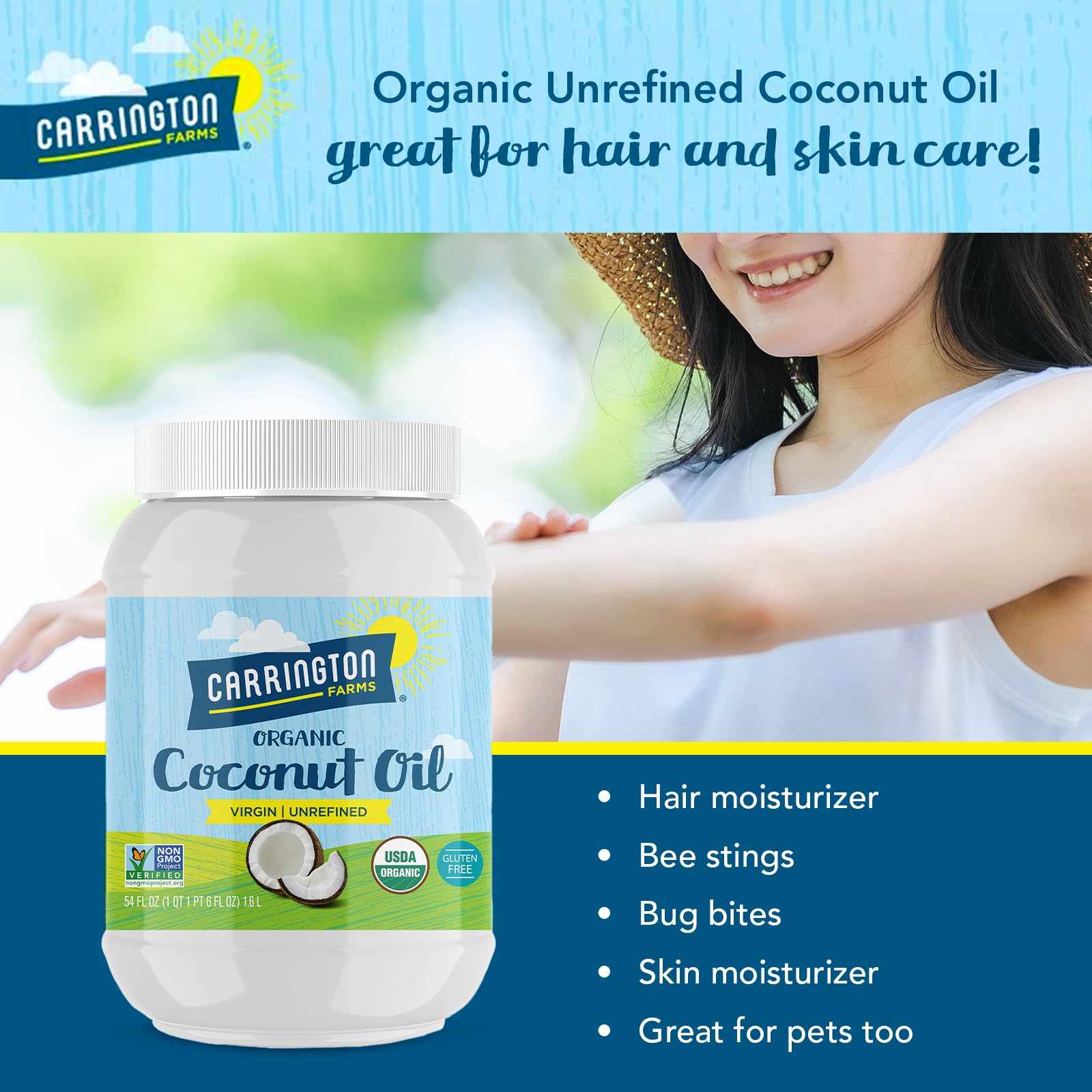 Carrington Farms hexane-free, four-times filtered coconut oil quality and purity.