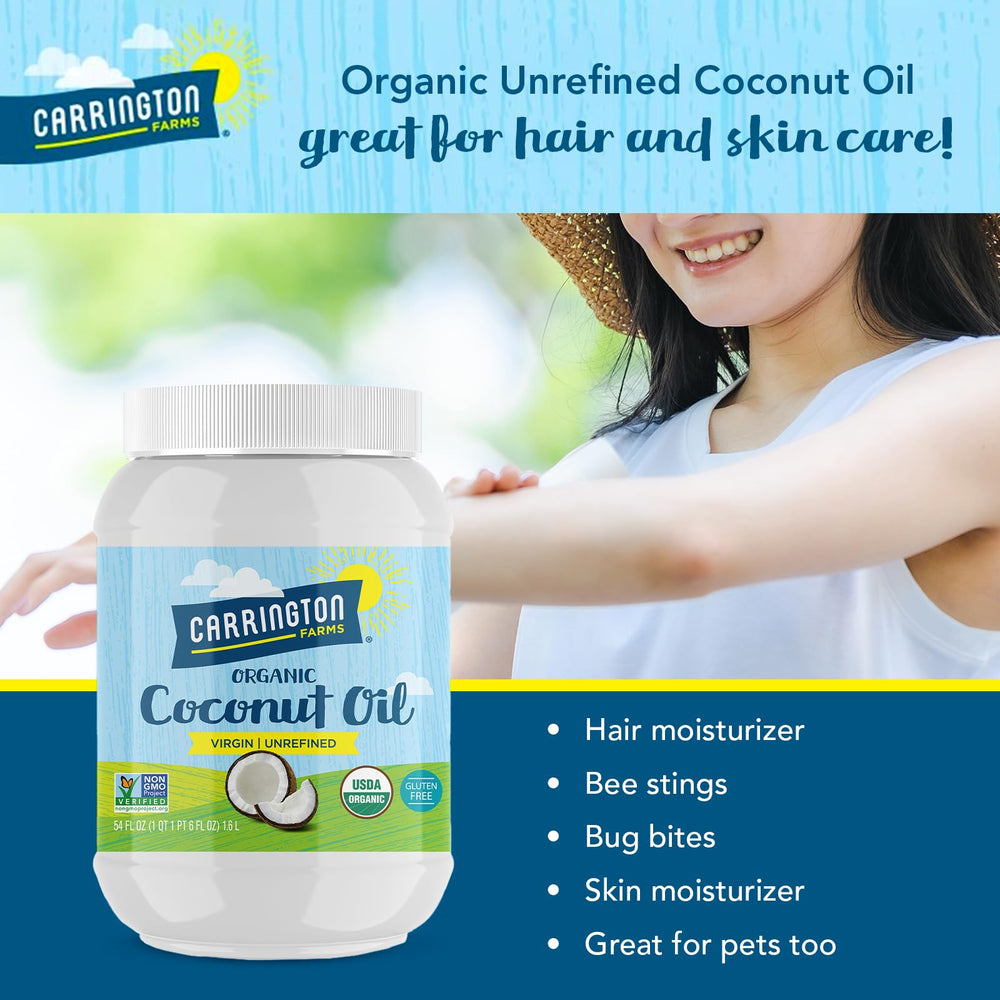 Carrington Farms hexane-free, four-times filtered coconut oil quality and purity.